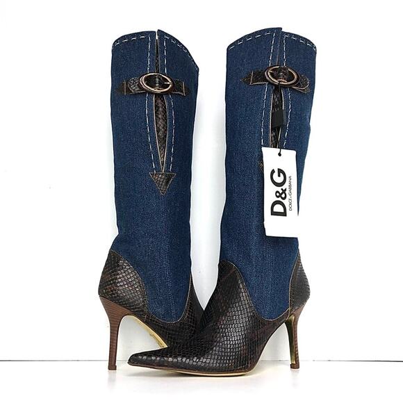 Vintage Dolce and Gabbana Denim Snakeskin Tall Pointed Toe Heeled Boots 35 - Picture 2 of 9